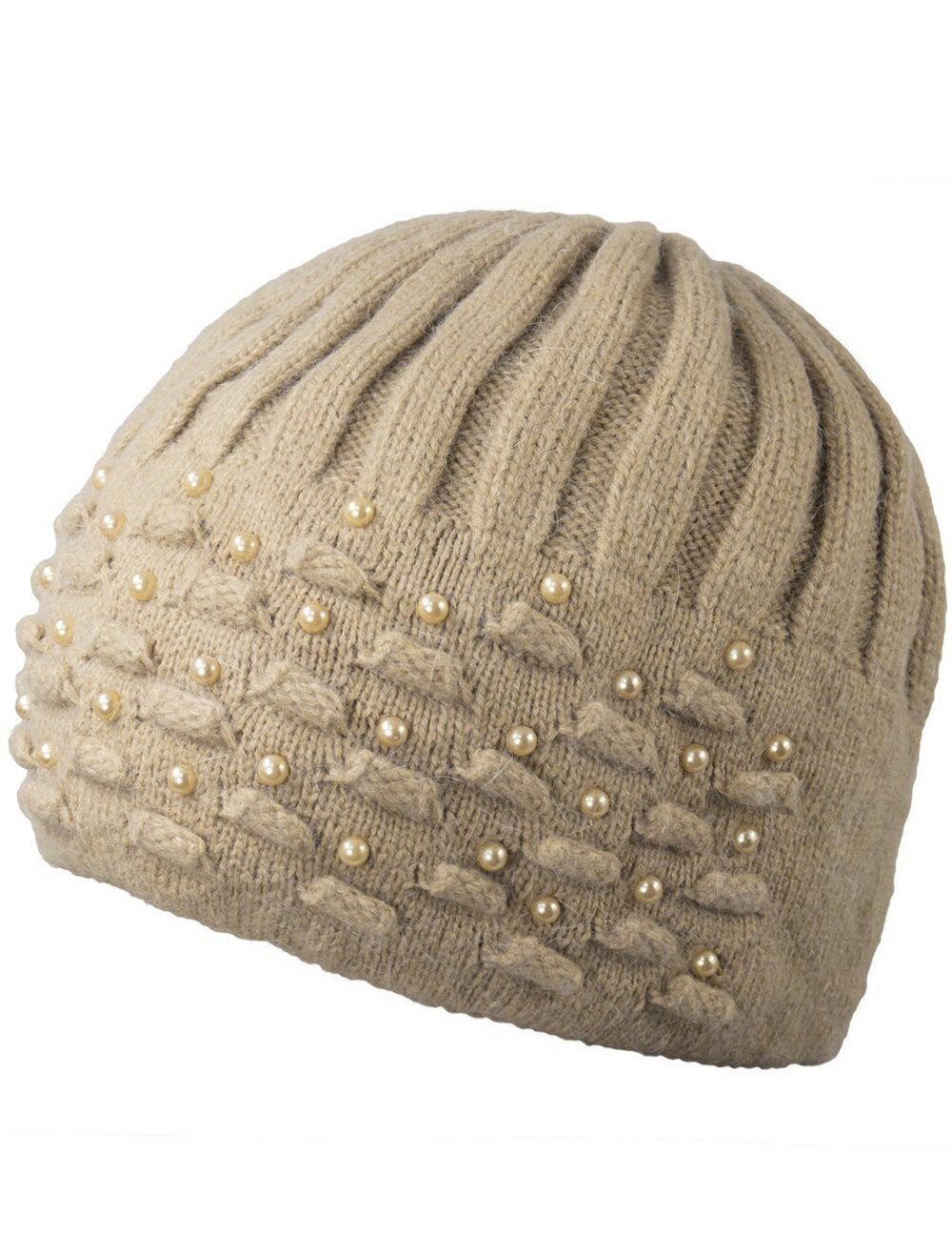 8231 Skullies & Beanies - Angora Wool Beanie Hat with Pearl, Tan